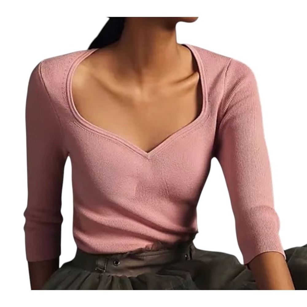 MAEVE Anthropologie PINK RIBBED KNT SWEATER TOP Sweetheart Neck Fitted Slim SZ S